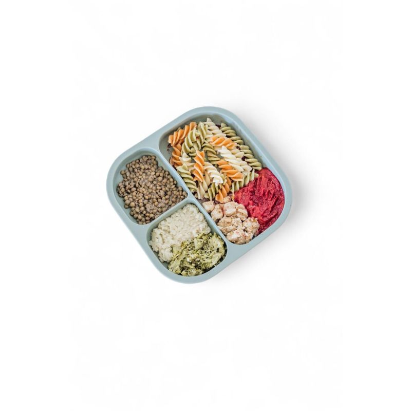 Carninha, massinha tricolor, molho de tomate caseiro, lentilha, brócolos e beterraba com tomilho no vapor